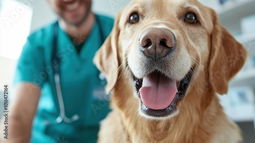 A happy golden retriever dog at a veterinary clinic with a smiling veterinarian in the background. The dog looks joyful and healthy in this bright setting. photo