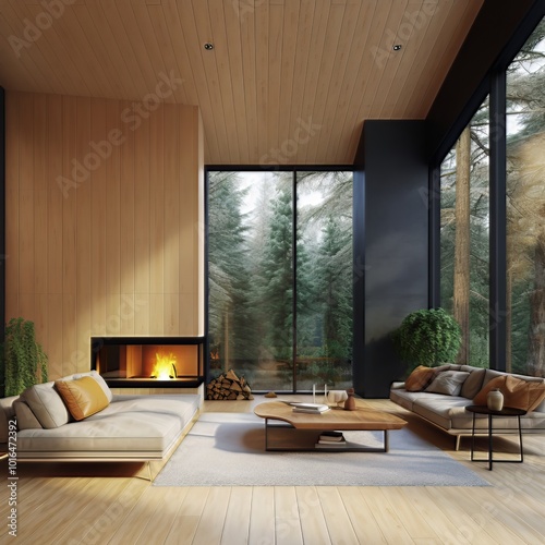 Cozy interior with a fireplace offering scenic views of the forest
