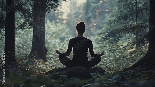 Peaceful Mental Health Meditation in Serene Forest Landscape with Cinematic Lighting photo