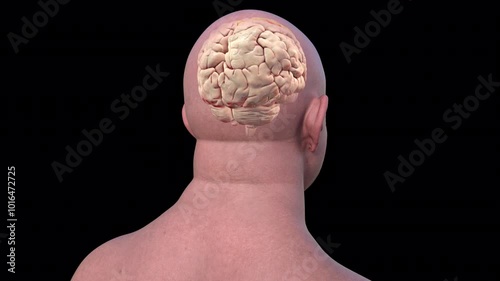 Human brain with highlighted precentral gyrus, 3D animation. The site of primary motor cortex. photo