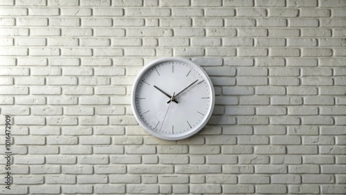 A sleek round white clock on a white brick wall adds a modern touch to any room, featuring stylish numbers perfect for home or office decor.