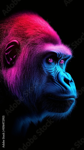 Vibrant Neon Portrait of Gorilla Face in Bright Modern Colors on Black