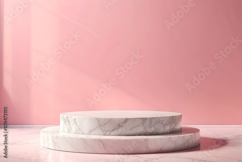 Empty round white marble podium against a pink background with natural sunlight, product presentation background