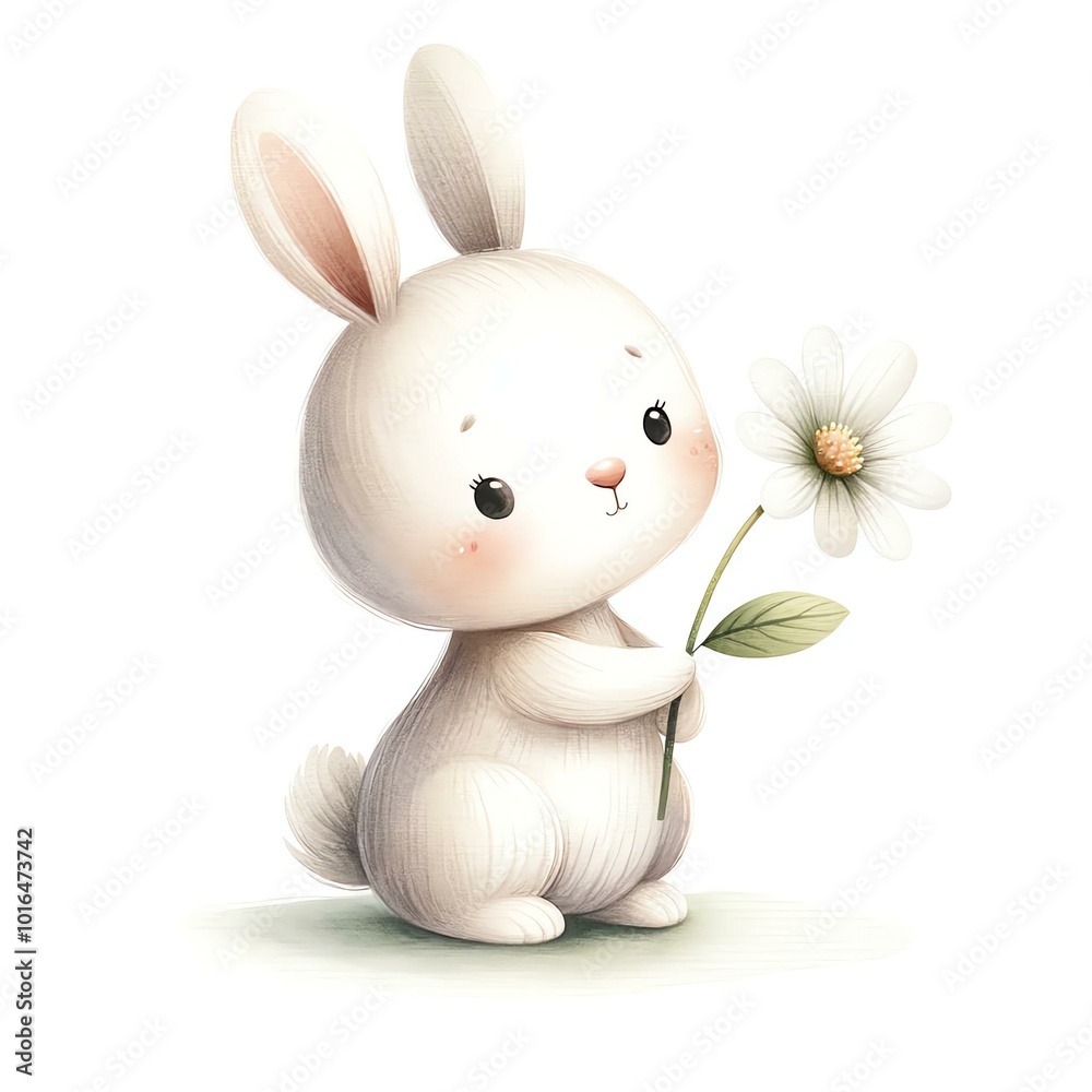 A cute, fluffy bunny holding a delicate flower, capturing the essence of innocence and joy in a colorful, playful illustration.