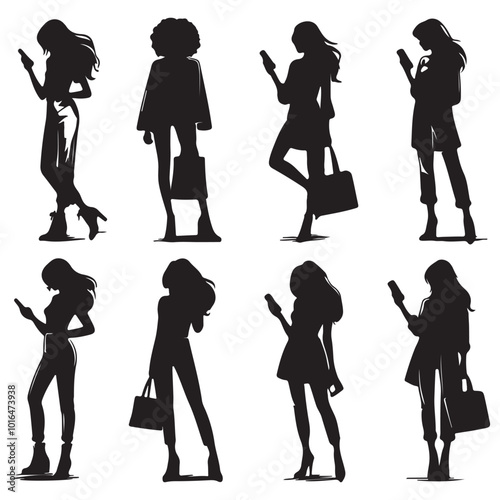 Wallpaper Mural young woman silhouettes using phone and bag accessories from everyday life silhouettes vector illustration black and white art Torontodigital.ca