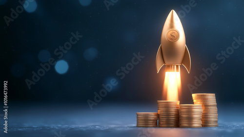 A gold rocket launching from a stack of coins symbolizes investment, success, and financial growth in a futuristic setting. photo