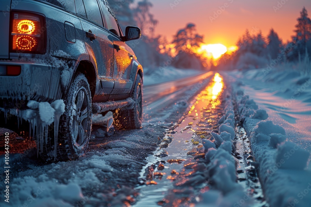 Winter car accidents driver loses control on slippery ice, vehicle off the road Winter car accidents driver loses control on slippery ice, vehicle off the road