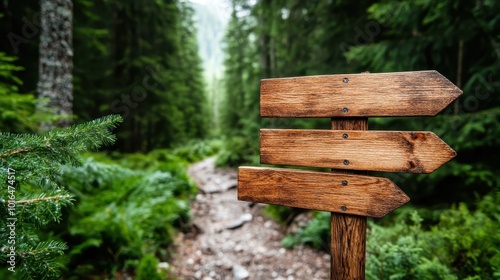 A wooden signpost with multiple arrows stands amidst a lush green forest path, inspiring exploration and adventure in a serene and natural woodland environment. photo