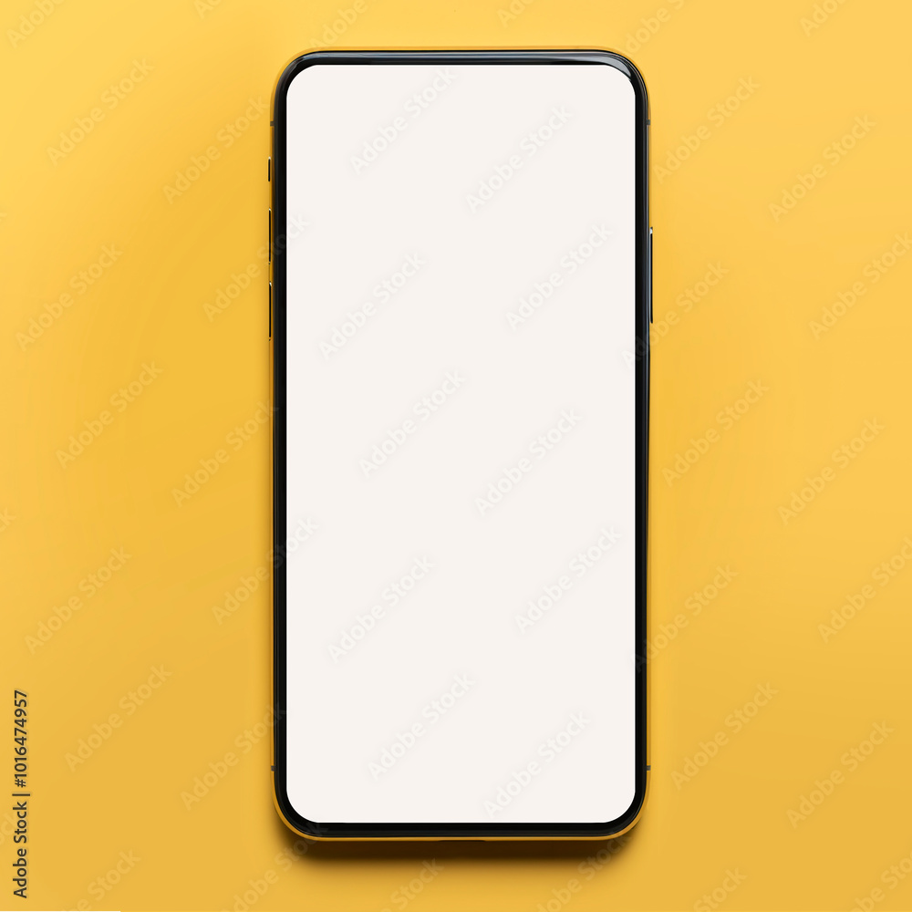 Realistic mockup of black phone on yellow background. PSD format top view. For web design Realistic mockup of black phone on yellow background. PSD format top view. For web design