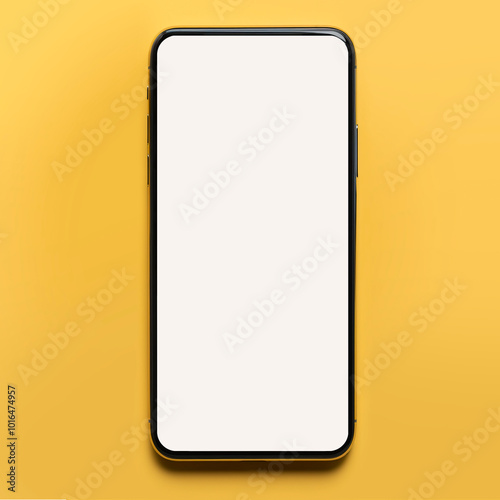 Realistic mockup of black phone on yellow background. PSD format top view. For web design