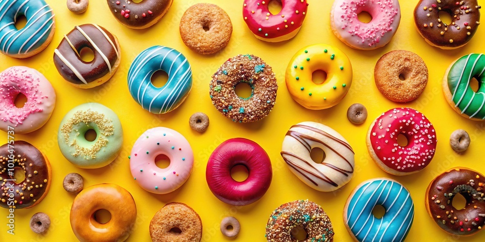 Flat Lay Donuts on Yellow Background for Sweet Treat Photography Flat Lay Donuts on Yellow Background for Sweet Treat Photography