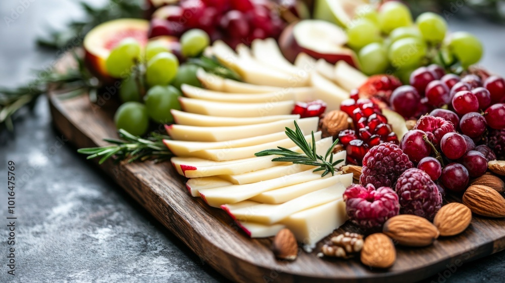 Fototapeta premium A Close-Up View of a Cheese Board with Grapes, Almonds, and Raspberries