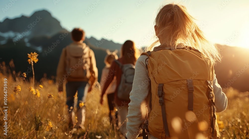A group of hikers, each with a backpack, trek through a radiant field under golden sunlight, with majestic mountains visible in the background. A group of hikers, each with a backpack, trek through a radiant field under golden sunlight, with majestic mountains visible in the background.