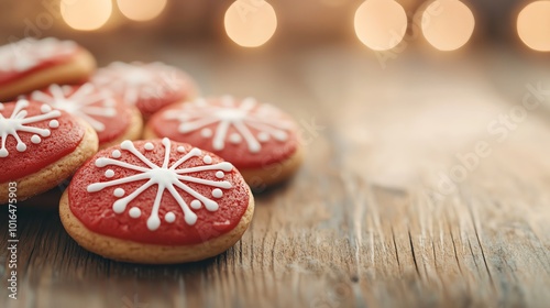 Frosted cookies shaped like red Christmas ornaments on a wooden table, warm kitchen light, closeup