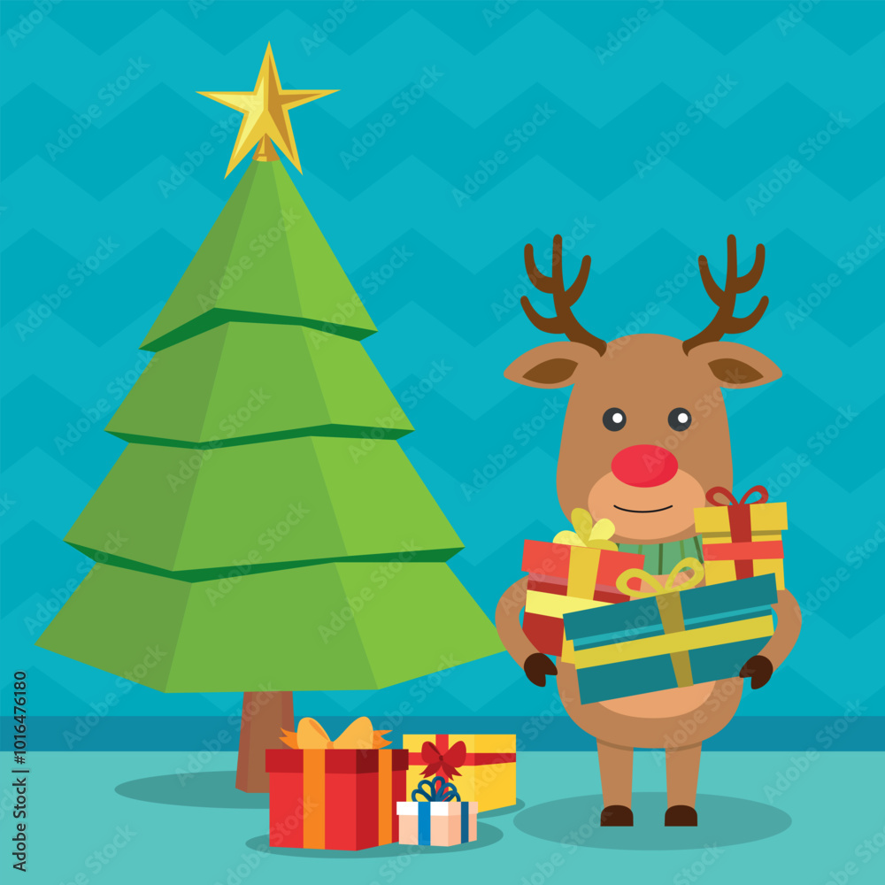 Merry Christmas and Happy New Year with Christmas deer. Winter holiday cartoon. Vector. Merry Christmas and Happy New Year with Christmas deer. Winter holiday cartoon. Vector.