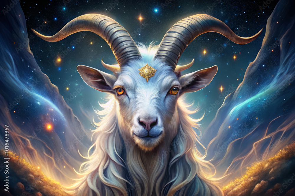 Majestic goat with long horns against starry sky, exuding mystical aura. celestial backdrop enhances its regal presence, creating captivating scene Majestic goat with long horns against starry sky, exuding mystical aura. celestial backdrop enhances its regal presence, creating captivating scene