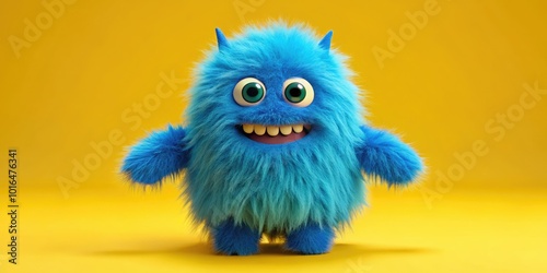 A vibrant blue furry cartoon character stands as a shaggy Halloween monster toy, set against a cheerful yellow background, radiating fun and whimsy.