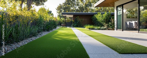 Bright lemon synthetic turf in a minimalist backyard, accenting a modern home with a straight concrete path