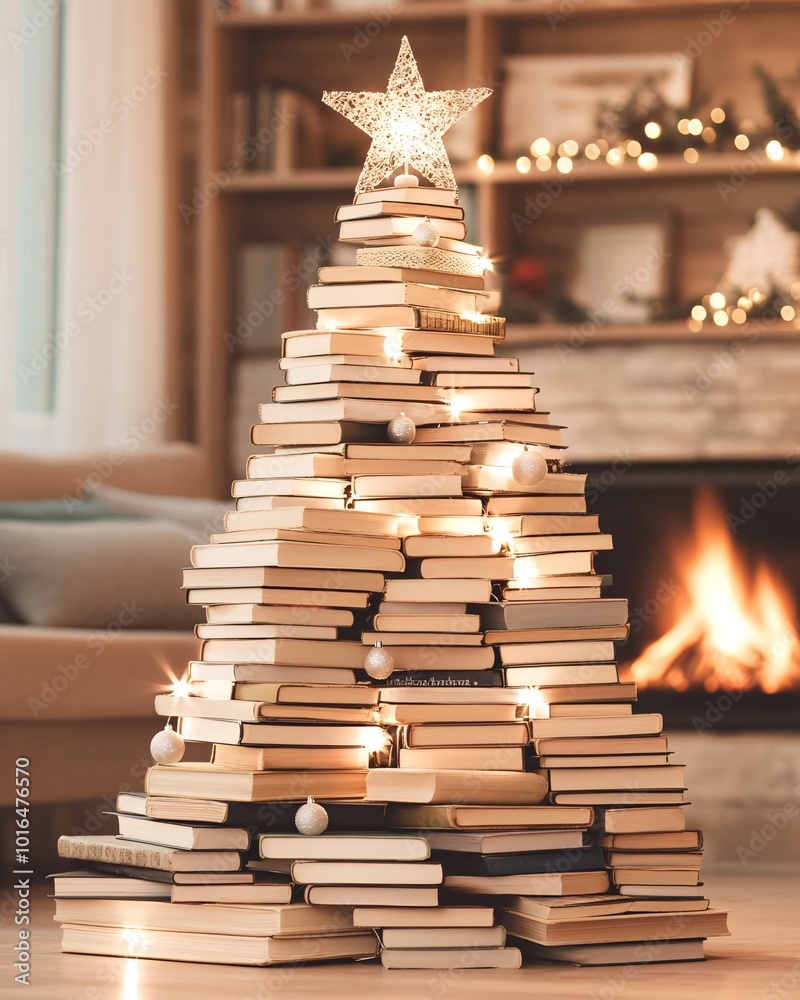 Creative Christmas Tree of Books with Lights and Star in Cozy Room Creative Christmas Tree of Books with Lights and Star in Cozy Room