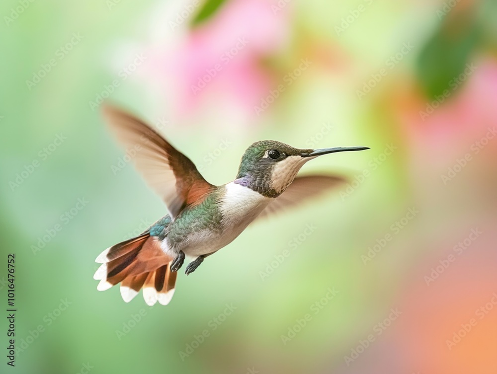 Vibrant hummingbird in mid-flight with spread wings. Orange and green hues, white belly, long beak. Wings blur of motion, head tilted. Soft blur background of pink and green, garden or park setting. Vibrant hummingbird in mid-flight with spread wings. Orange and green hues, white belly, long beak. Wings blur of motion, head tilted. Soft blur background of pink and green, garden or park setting.