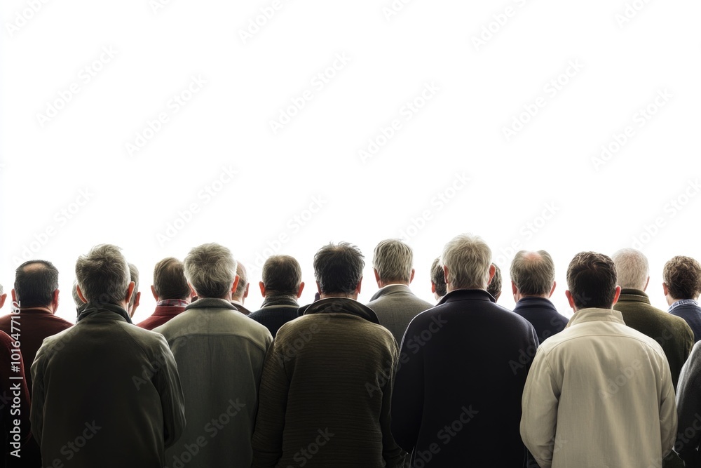 Fototapeta premium A group of men stand next to each other, looking in the same direction.