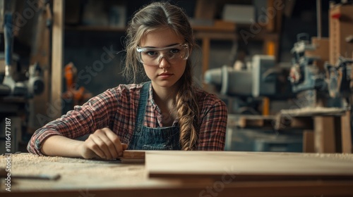 A woman wearing glasses works on a piece of wood, focusing on her creative project.