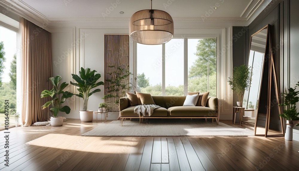 a beautiful room interior adorned with a leaning floor mirror, reflecting the space and adding depth and sophistication to the decor.