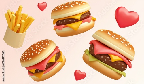 Colorful emojis of burgers and fries with hearts, representing love for food, particularly fast food.