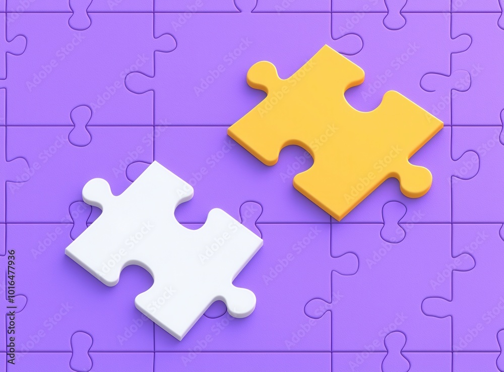 Two puzzle pieces, one white and one yellow, sit on a purple jigsaw background, symbolizing connection and problem-solving. Two puzzle pieces, one white and one yellow, sit on a purple jigsaw background, symbolizing connection and problem-solving.