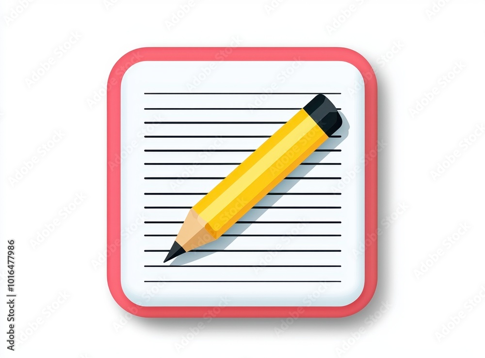 A simple illustration of a pencil lying on lined paper within a colorful square border, representing writing and creativity. A simple illustration of a pencil lying on lined paper within a colorful square border, representing writing and creativity.