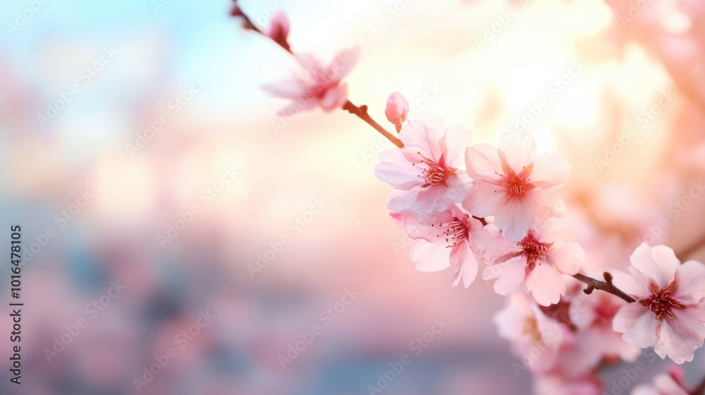 A branch of cherry blossoms adorned with pink flowers, caught in the early morning light, depicting the freshness of spring and the beauty of new beginnings. A branch of cherry blossoms adorned with pink flowers, caught in the early morning light, depicting the freshness of spring and the beauty of new beginnings.