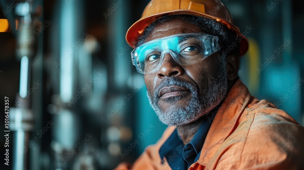 A thoughtful industrial worker in an orange uniform and safety goggles, captured in a moment of reflection while surrounded by complex machinery in a factory. A thoughtful industrial worker in an orange uniform and safety goggles, captured in a moment of reflection while surrounded by complex machinery in a factory.