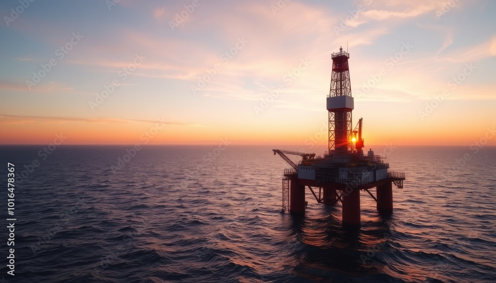 Offshore Oil Rig at Sunset Over Calm Waters Offshore Oil Rig at Sunset Over Calm Waters