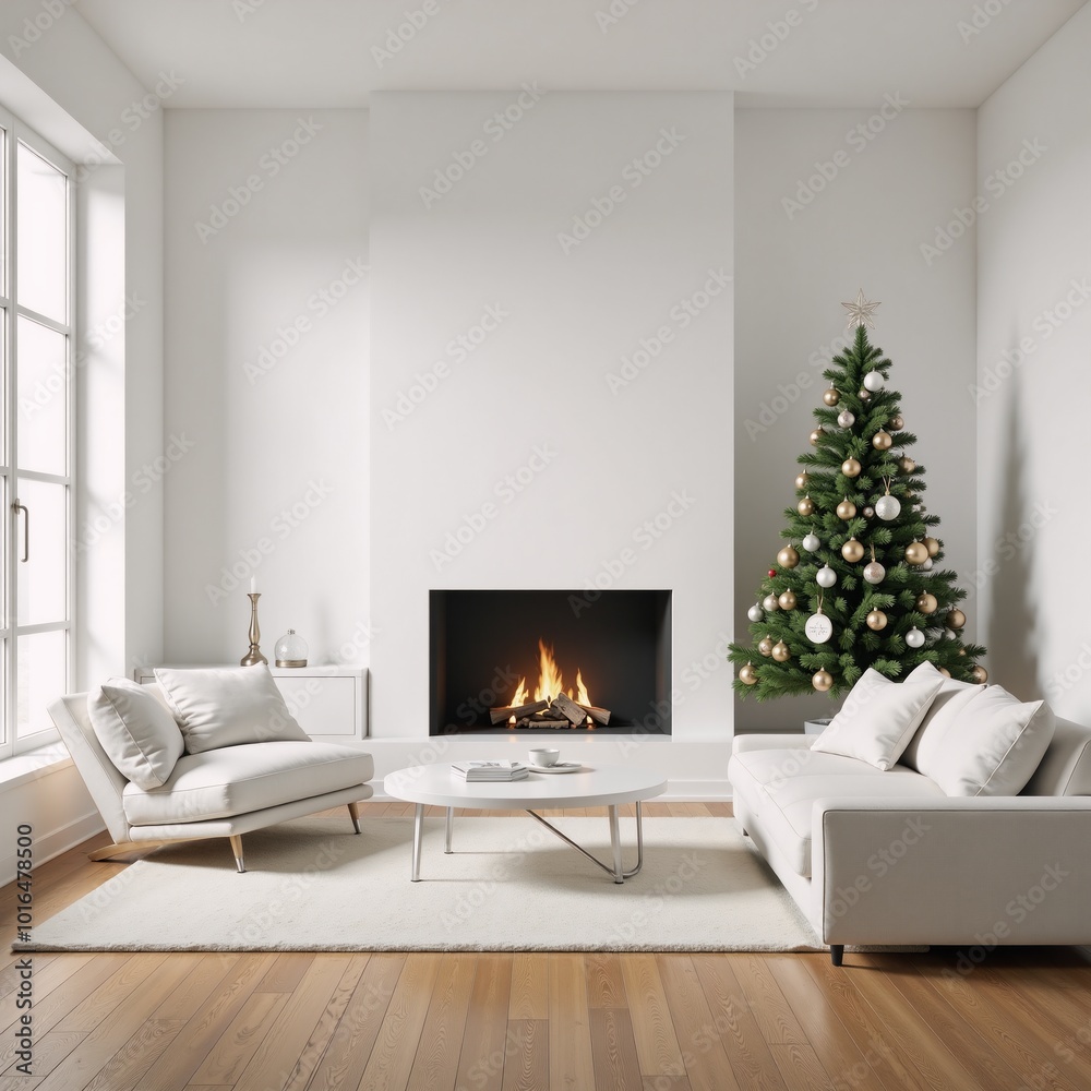 Fototapeta premium Modern white living room with minimalist Christmas tree decorations and fireplace 3D Rendering