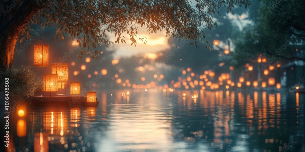 River of Lanterns, tranquil river scene with glowing lanterns reflecting on water, soft city skyline in background creating a peaceful ambiance River of Lanterns, tranquil river scene with glowing lanterns reflecting on water, soft city skyline in background creating a peaceful ambiance