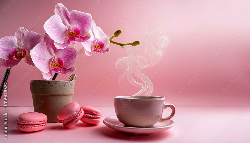 a flower composition with a pink orchid, a steaming cup of coffee or hot drink, and a macaroon on a pastel pink background of Valentine's Day and Happy Women's Day. a flower composition with a pink orchid, a steaming cup of coffee or hot drink, and a macaroon on a pastel pink background of Valentine's Day and Happy Women's Day.