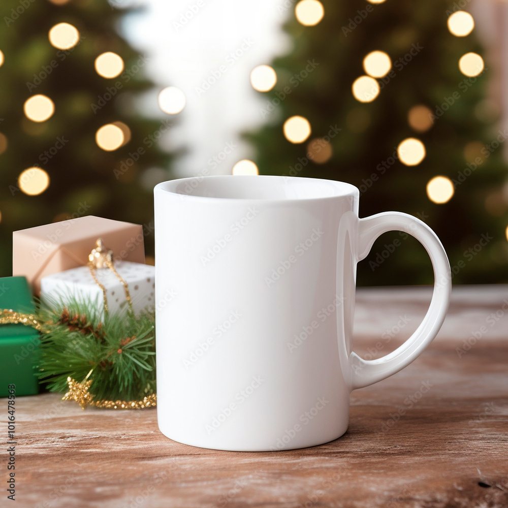 Mockup of white ceramic mug on background of Christmas tree. Front view of logo cup. Mockup of white ceramic mug on background of Christmas tree. Front view of logo cup.