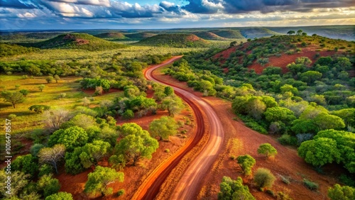 A winding track meanders through South African bush, showcasing rich red soil surrounded by vibrant greenery and the stunning beauty of natural landscapes.