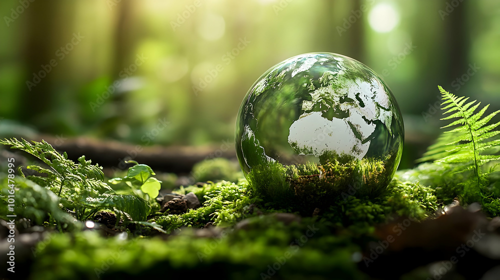 A Glass Globe Depicting the Earth Rests on a Bed of Green Moss in a Lush Forest Setting, Symbolizing the Interconnectedness of Nature and the Importance of Environmental Preservation.
