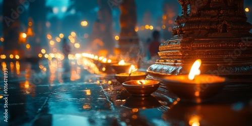 Temple of Tranquility, thousands of diyas casting a warm glow, devoted crowd softly blurred in reverence, a scene of peaceful spirituality photo