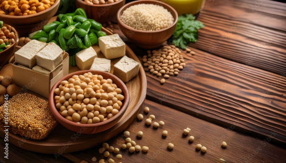 a rustic wood background, showcasing nutritious options like soy-based foods and tofu, ideal for health-conscious individuals seeking plant-based alternatives. a rustic wood background, showcasing nutritious options like soy-based foods and tofu, ideal for health-conscious individuals seeking plant-based alternatives.