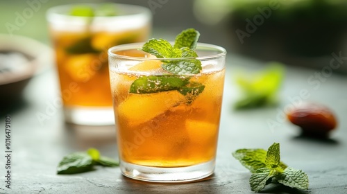 The image features chilly glasses of citrus-flavored iced tea topped with fresh mint sprigs, adding a zingy atmosphere, perfect for summer refreshment. photo