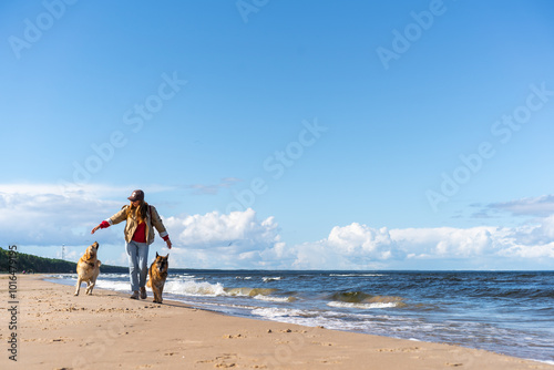 Woman walking on seaside with dogs