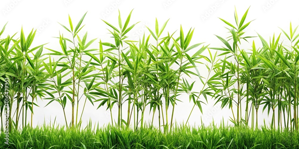 Panoramic view of isolated bamboo leaves and grass on white background Panoramic view of isolated bamboo leaves and grass on white background