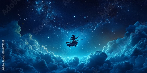 Witch in Flight, a tranquil scene of a witch soaring on her broomstick through a starry night sky, enveloped by softly blurred clouds