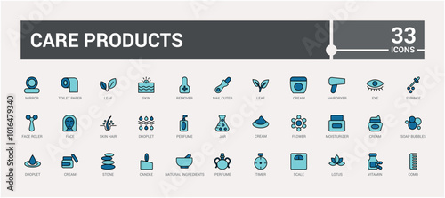 Care product colorful line icons set. serum, color icon for line and filled mix collection. Editable Stroke, pixel perfect. Icon names are written in English.