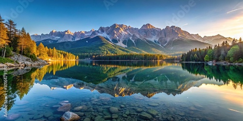 Panoramic view of Lake Eibsee at dawn with serene water reflection photo