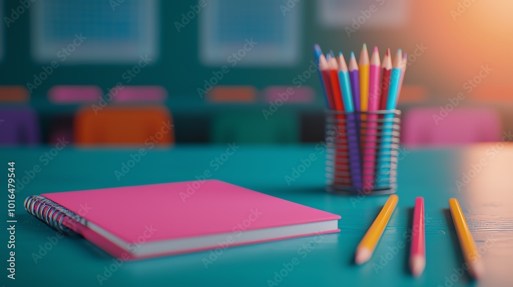 Realistic 3D school desk with scattered notebooks, rulers, and pencils, vibrant lighting, wideangle Realistic 3D school desk with scattered notebooks, rulers, and pencils, vibrant lighting, wideangle
