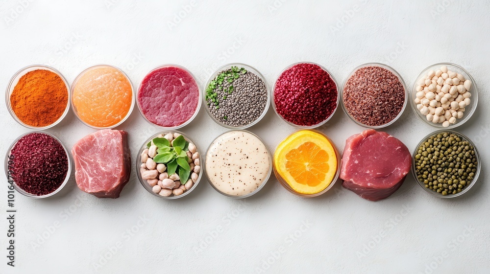 Various colorful ingredients such as spices, meats, and vegetables are neatly organized in glass bowls on a light background, showcasing culinary variety and precision. Various colorful ingredients such as spices, meats, and vegetables are neatly organized in glass bowls on a light background, showcasing culinary variety and precision.