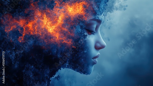 addressing mental health issues profile view of person s head,abstract pieces floating around symbolizing the mental and emotional fragments that contribute to our mental health.create by F.a